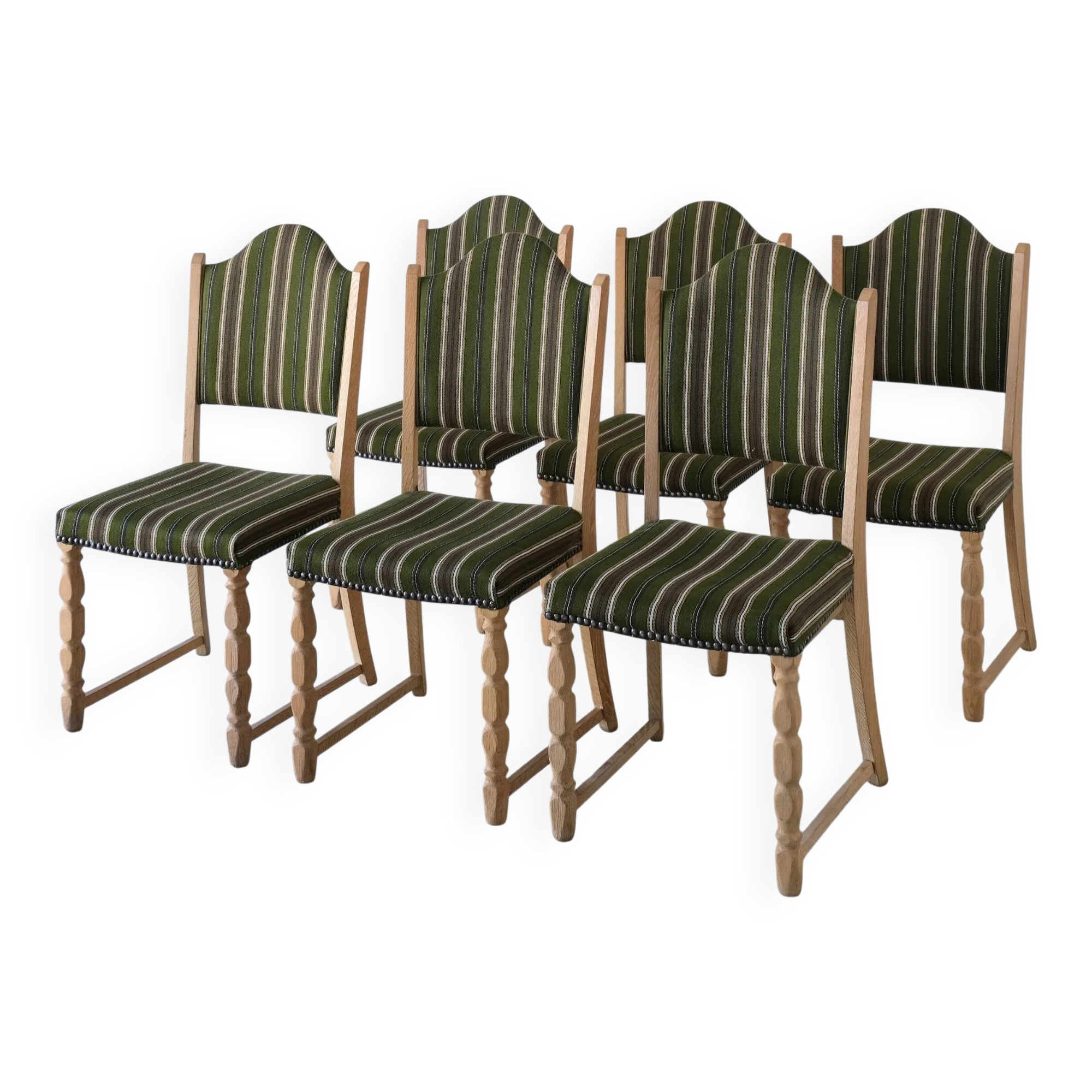 Henning Kjaernulf carved oak dining chairs | set of 6 | Denmark | 1950s