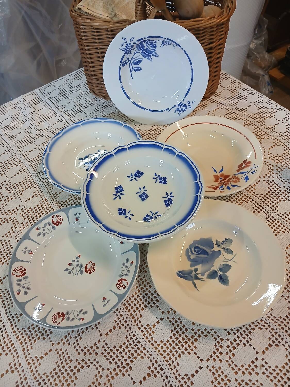 6 mismatched antique soup plates
