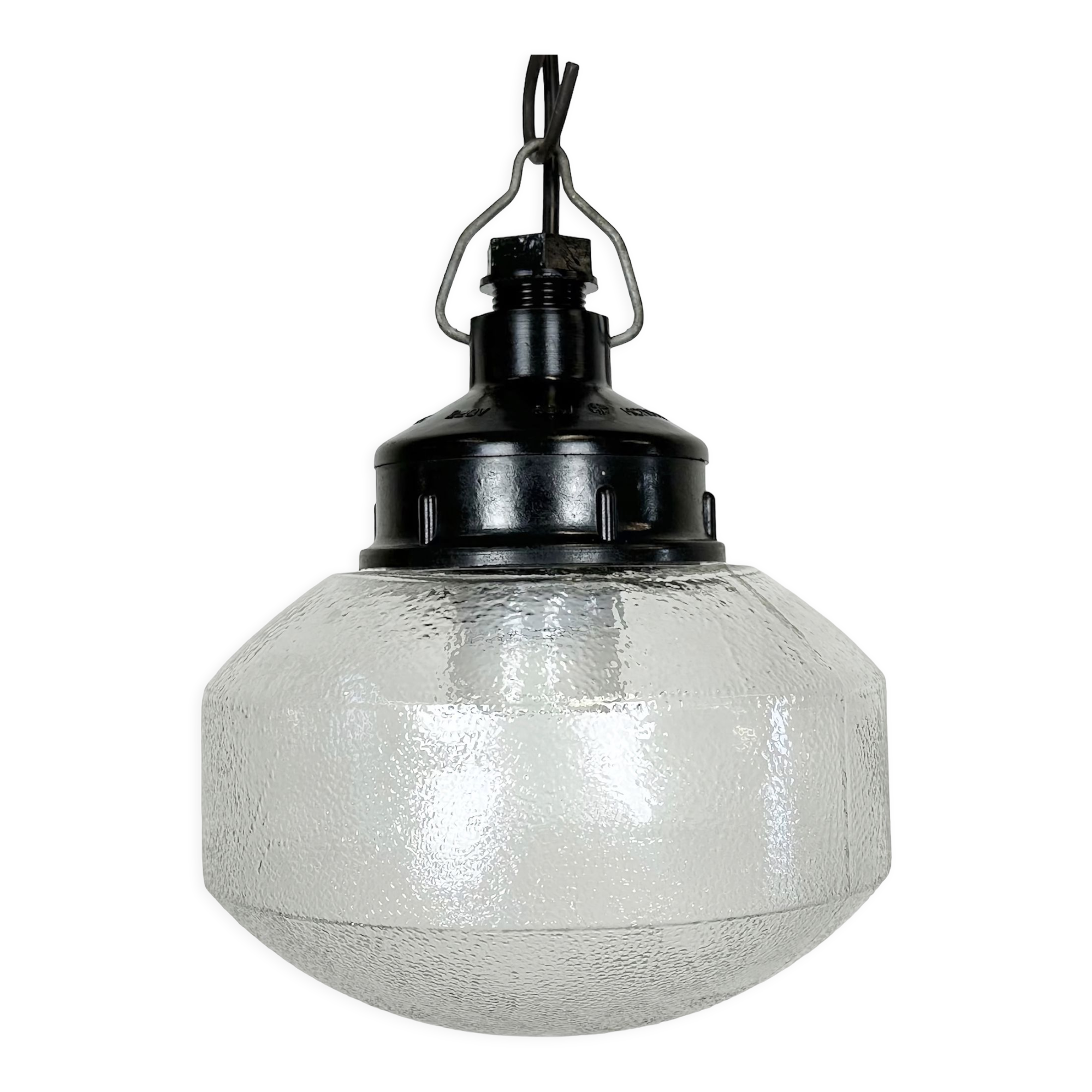 Industrial bakelite pendant light with frosted glass, 1970s