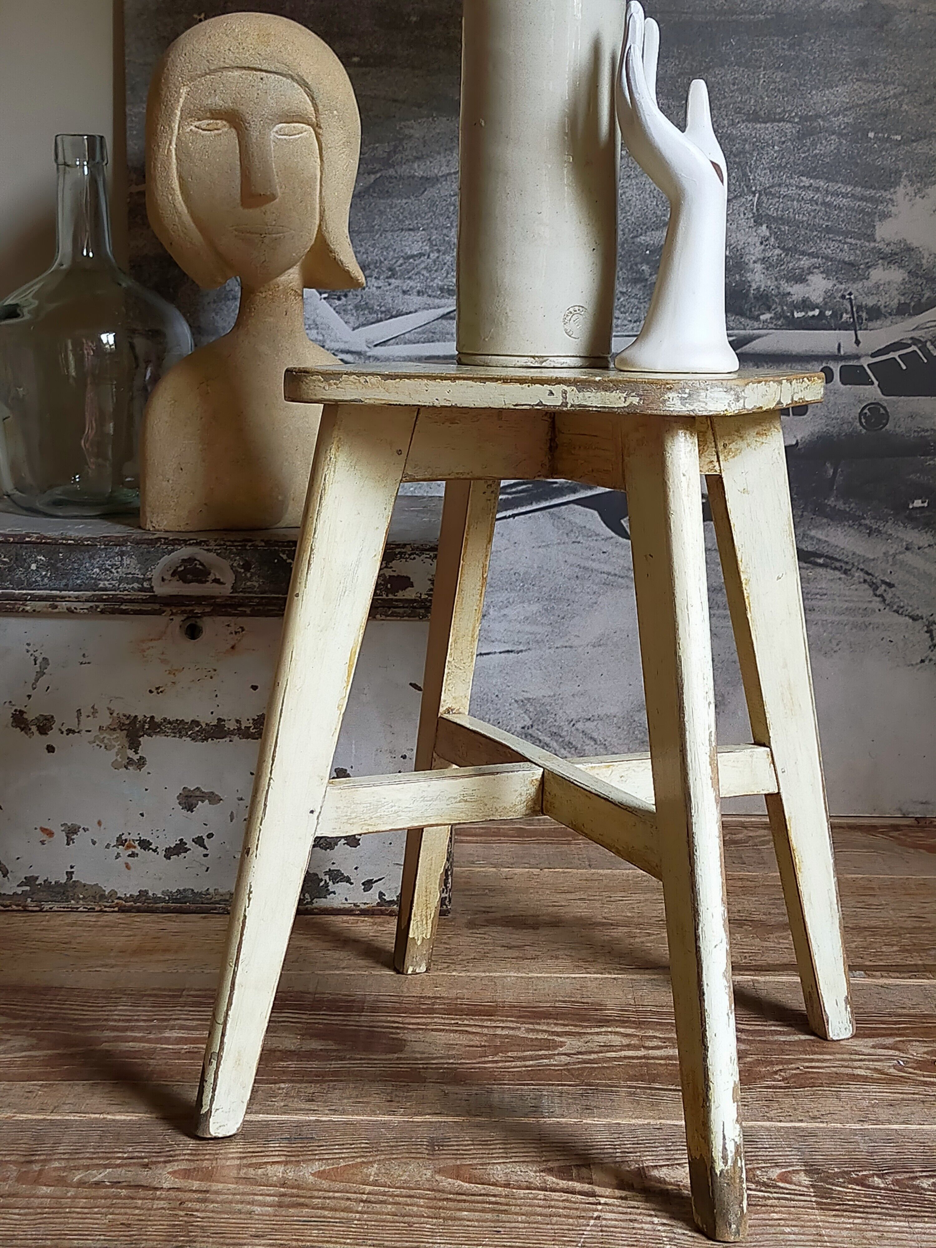 Old workshop stool in patinated solid wood