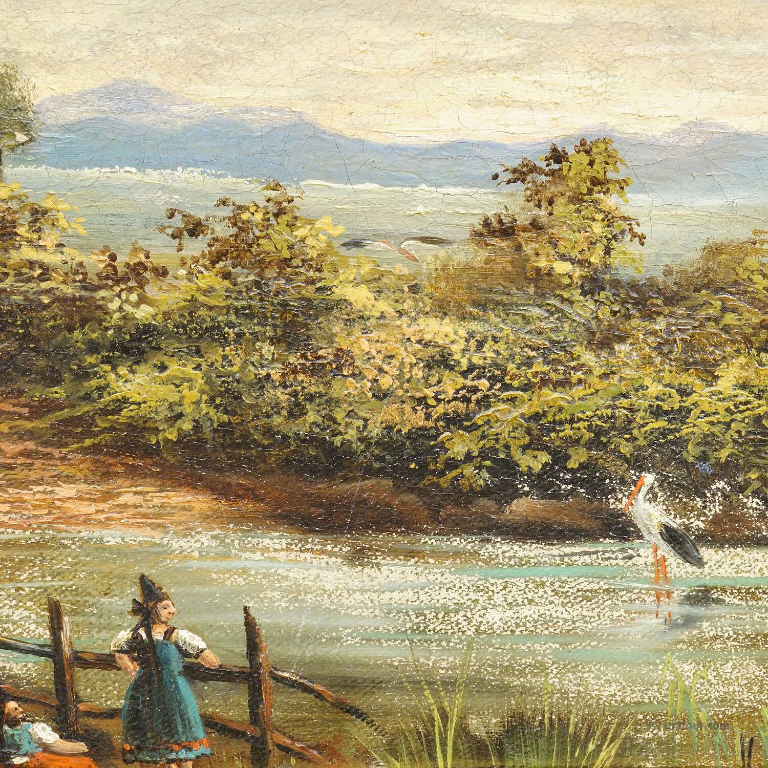 19th-century Biedermeier landscape painting with a lake and trees.