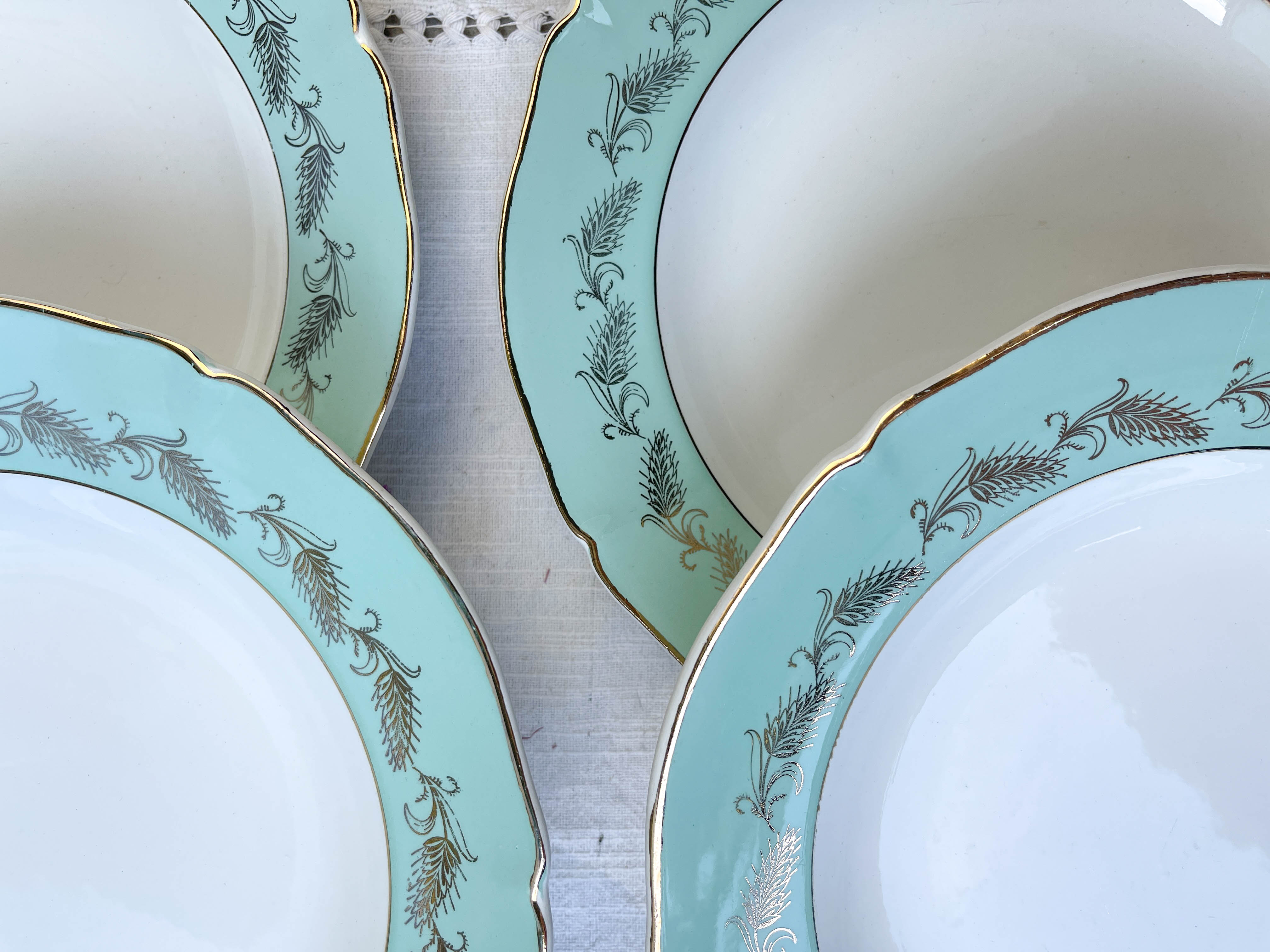 6 assiettes creuses st amand céranord modèle picardie en faïence blanche verte dorée