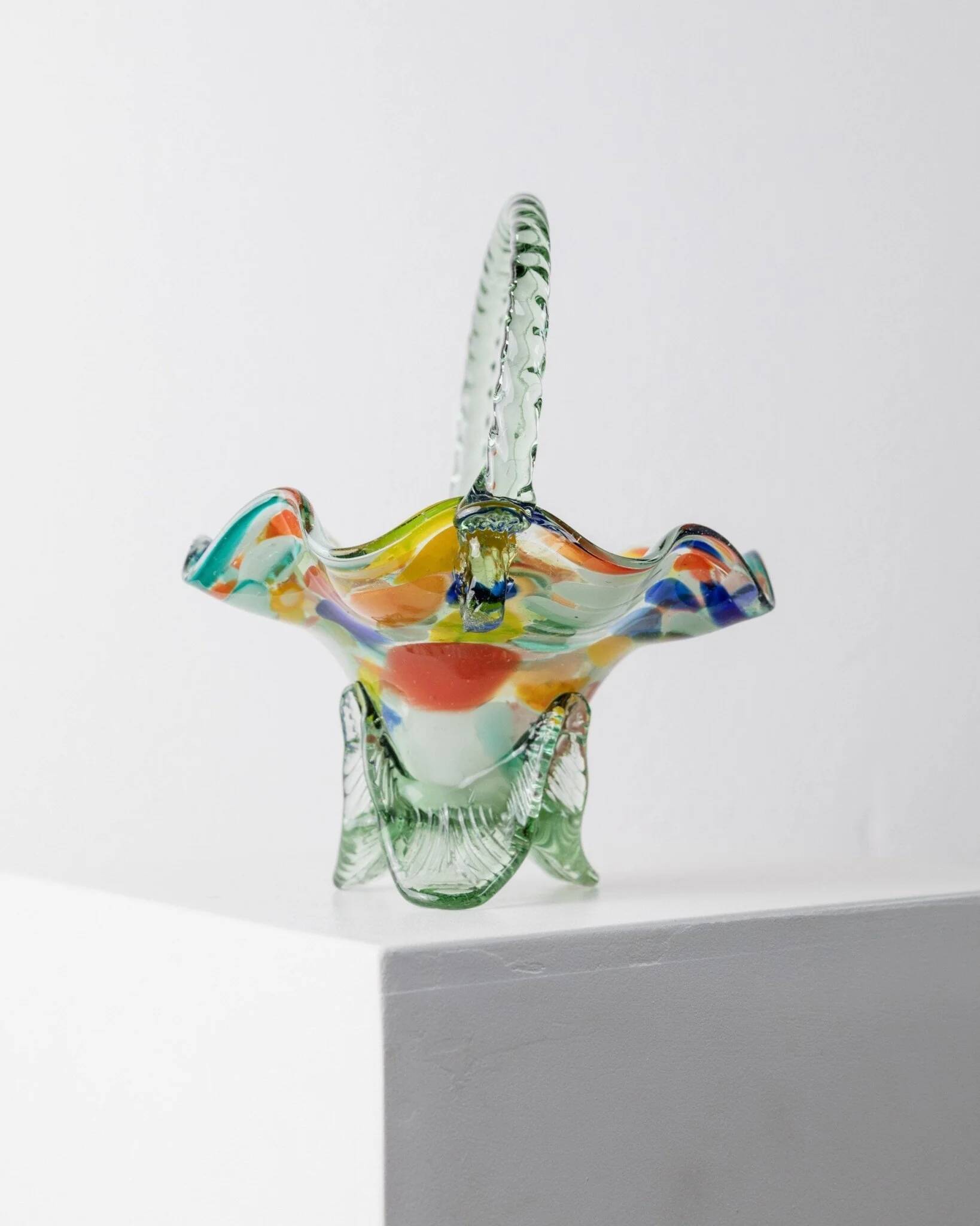 Multicolor Murano Glass Handle Bowl with Polka Dots, Ruffled Rim – 1970s Italian Mid-Century
