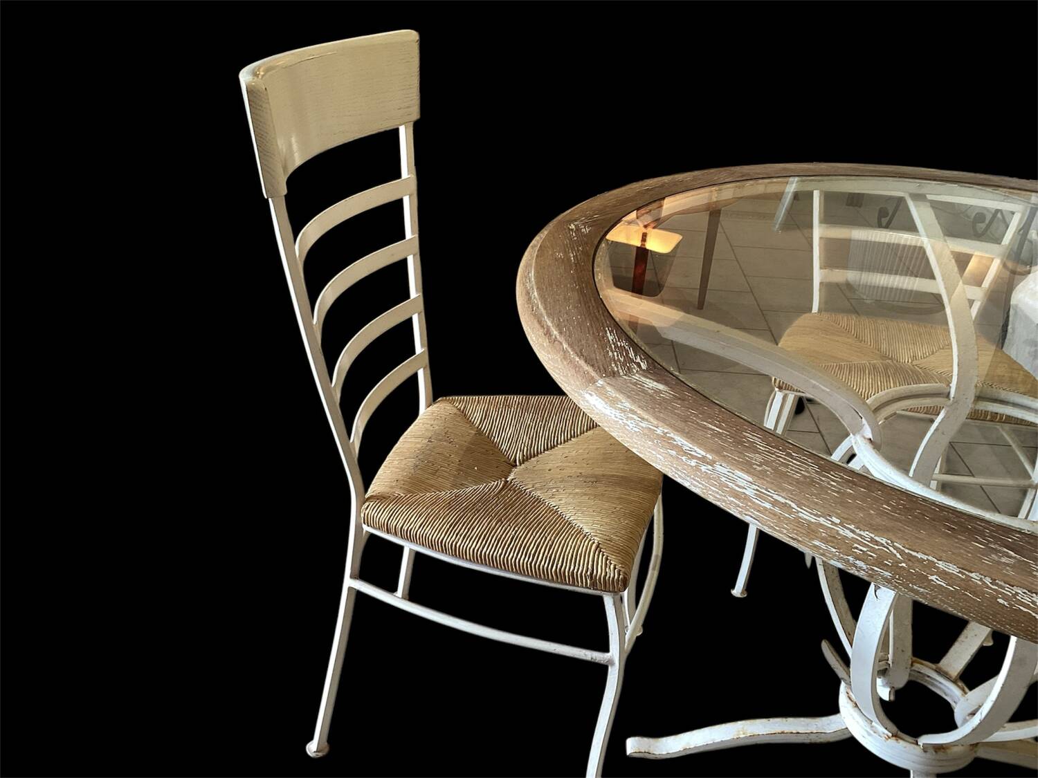 Round wrought iron table, wood & glass