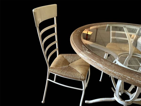 Table ronde fer forgé bois & verre