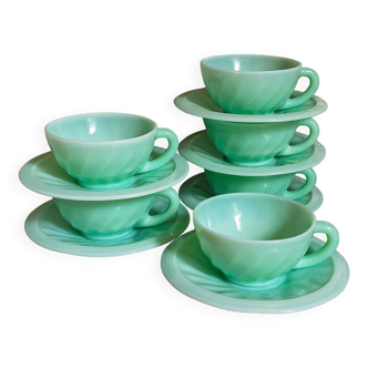 Six mokarex cups and saucers in mint opaline from the 1950s