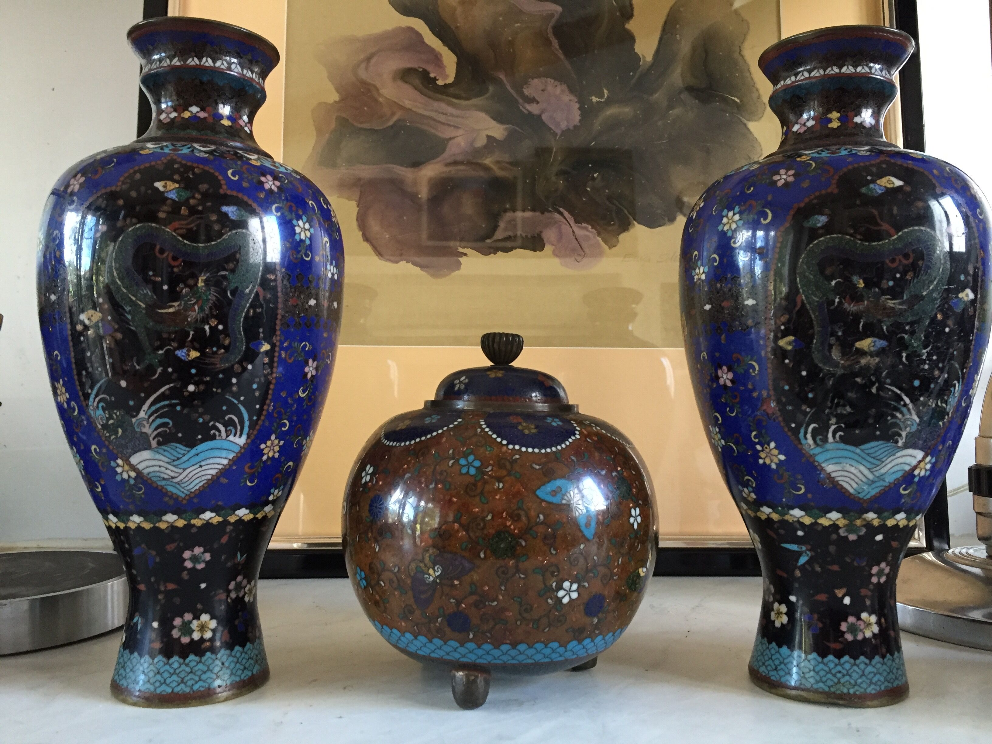 Set 3 vases mapei/emaux cloisonné decorations green dragon / china late eighteenth