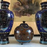 Set 3 vases mapei/emaux cloisonné decorations green dragon / china late eighteenth