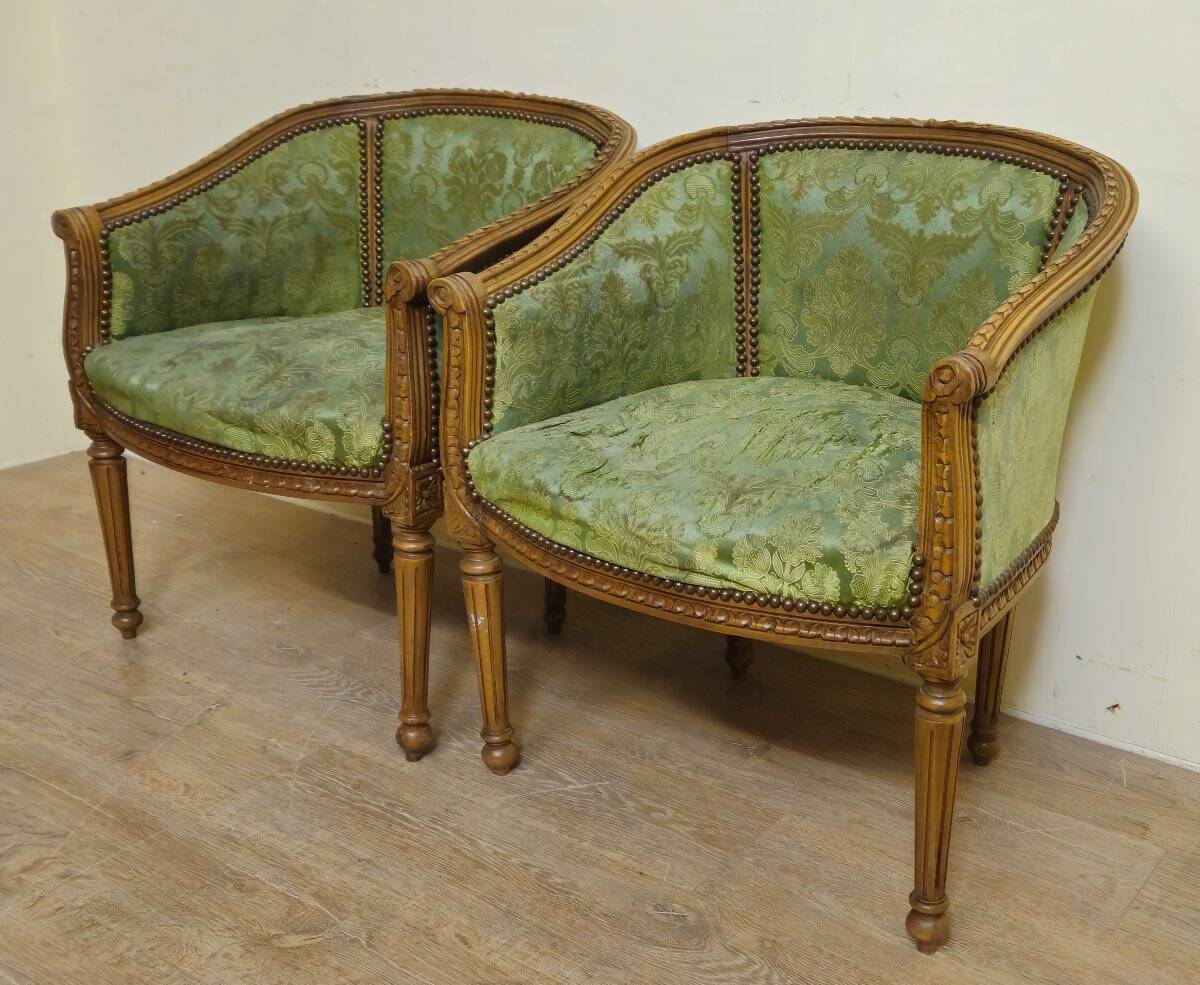 Pair of antique armchairs in Louis XVI style – green damask fabric