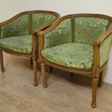 Pair of antique armchairs in Louis XVI style – green damask fabric