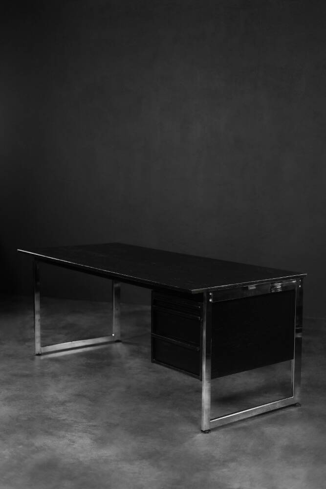 Vintage Mid-Century Danish Black Modern Minimalist Oak Office Desk with Chrome Base, 1970s