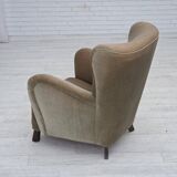 1960s, Danish armchair, green furniture velour, oak wood legs.