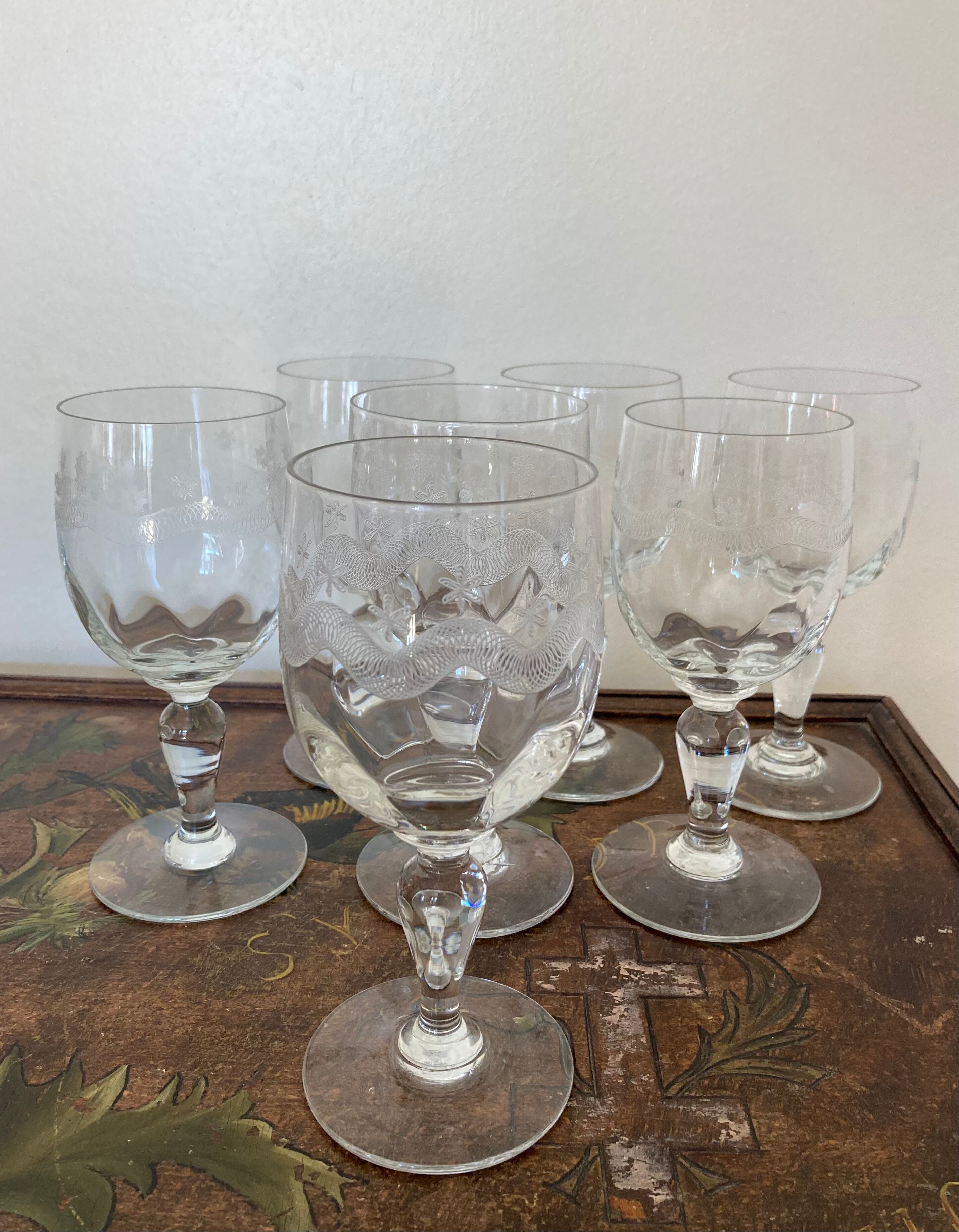Set of 7 water glasses engraved crystal from Portieux