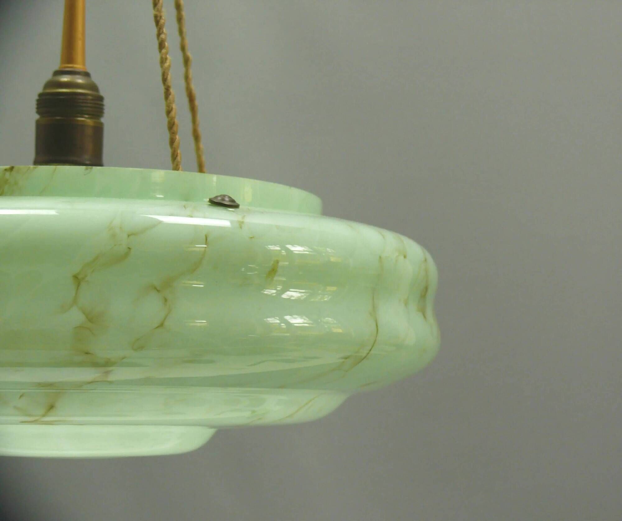 Large Art Deco pendant light in marbled glass with cord suspension, 1920s-1930s