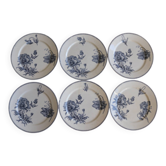Lot de 6 assiettes plates en faïence ancienne – Modèle Féria, Sarregue
