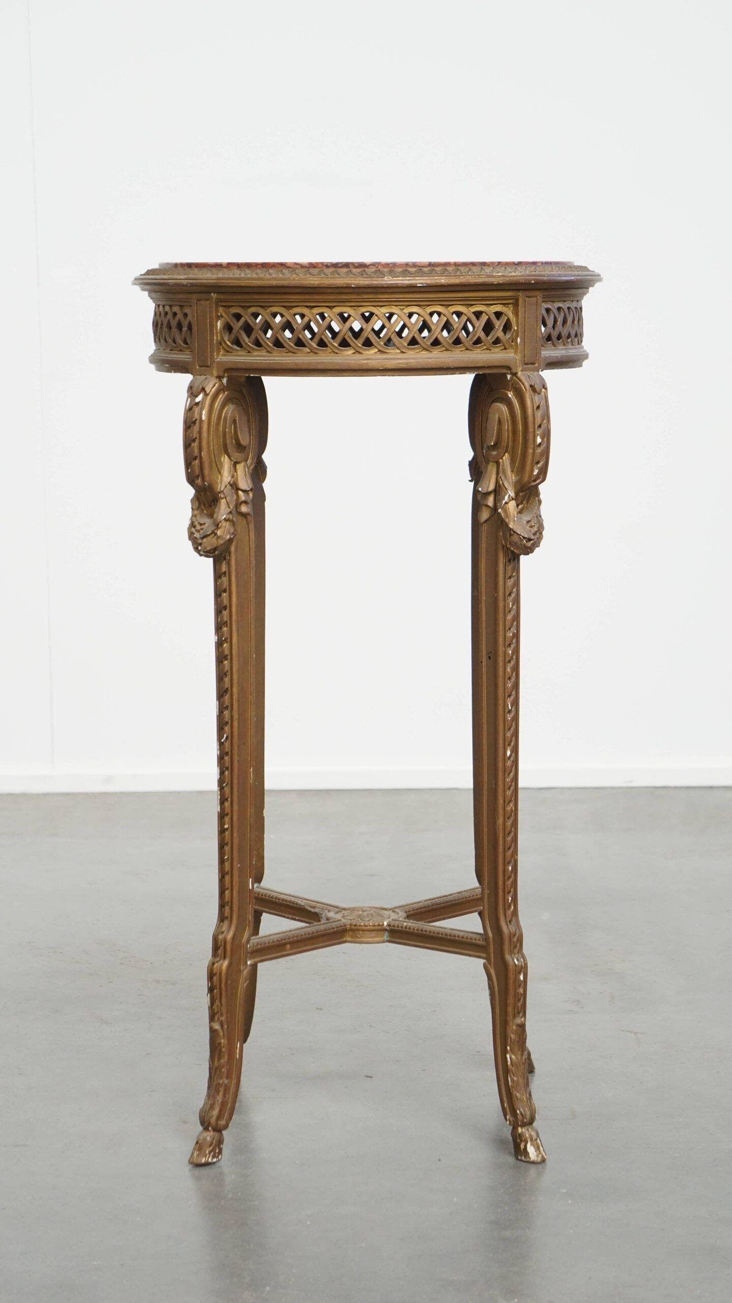 Antique French side table with a gold-coloured wooden frame and marble top