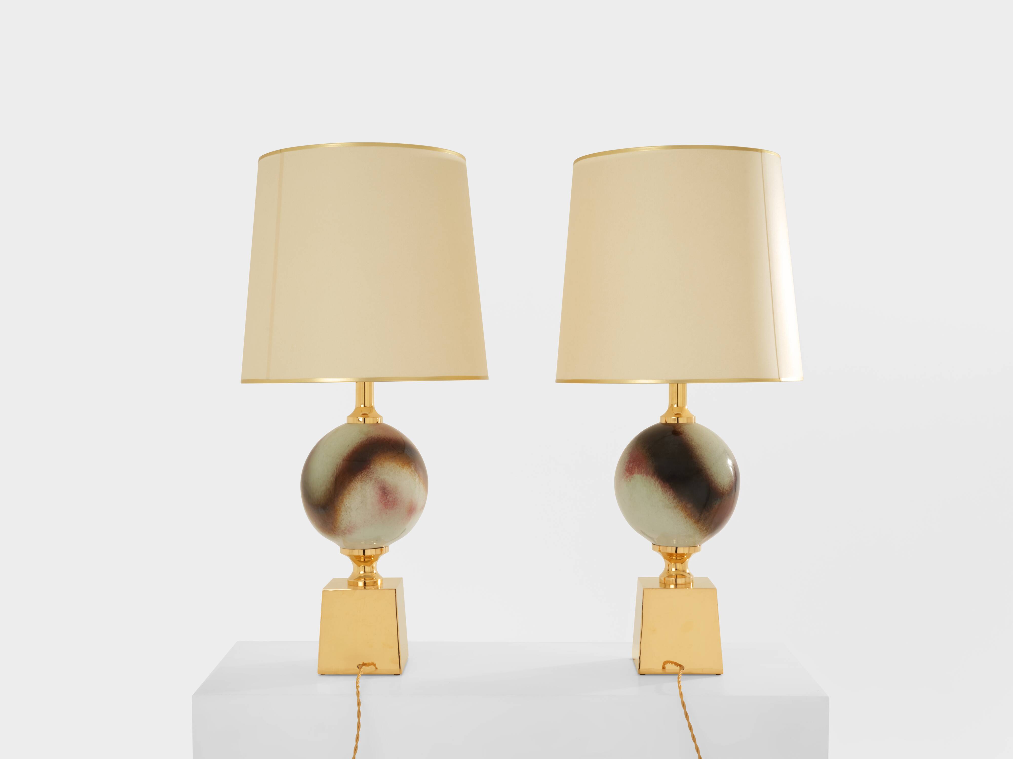 Pair of ceramic and brass lamps by Philippe Barbier, 1970s
