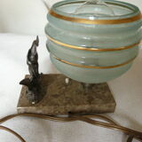Lampe veilleuse oiseaux Art Déco, marbre, régule et verre granité bleu