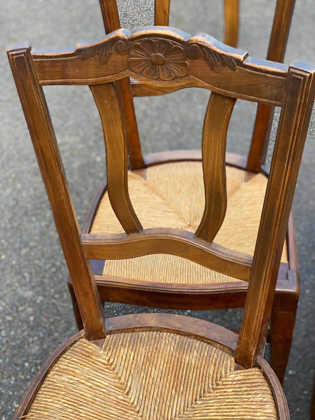 6 vintage solid oak wood dining room chairs with art deco straw