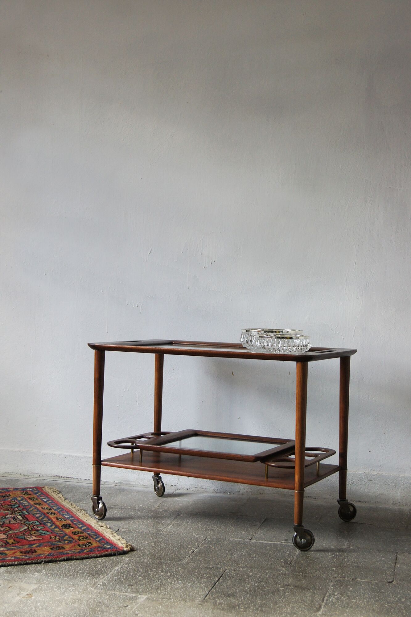 Italian Modern Mahogany Bar Cart with Serving Tray