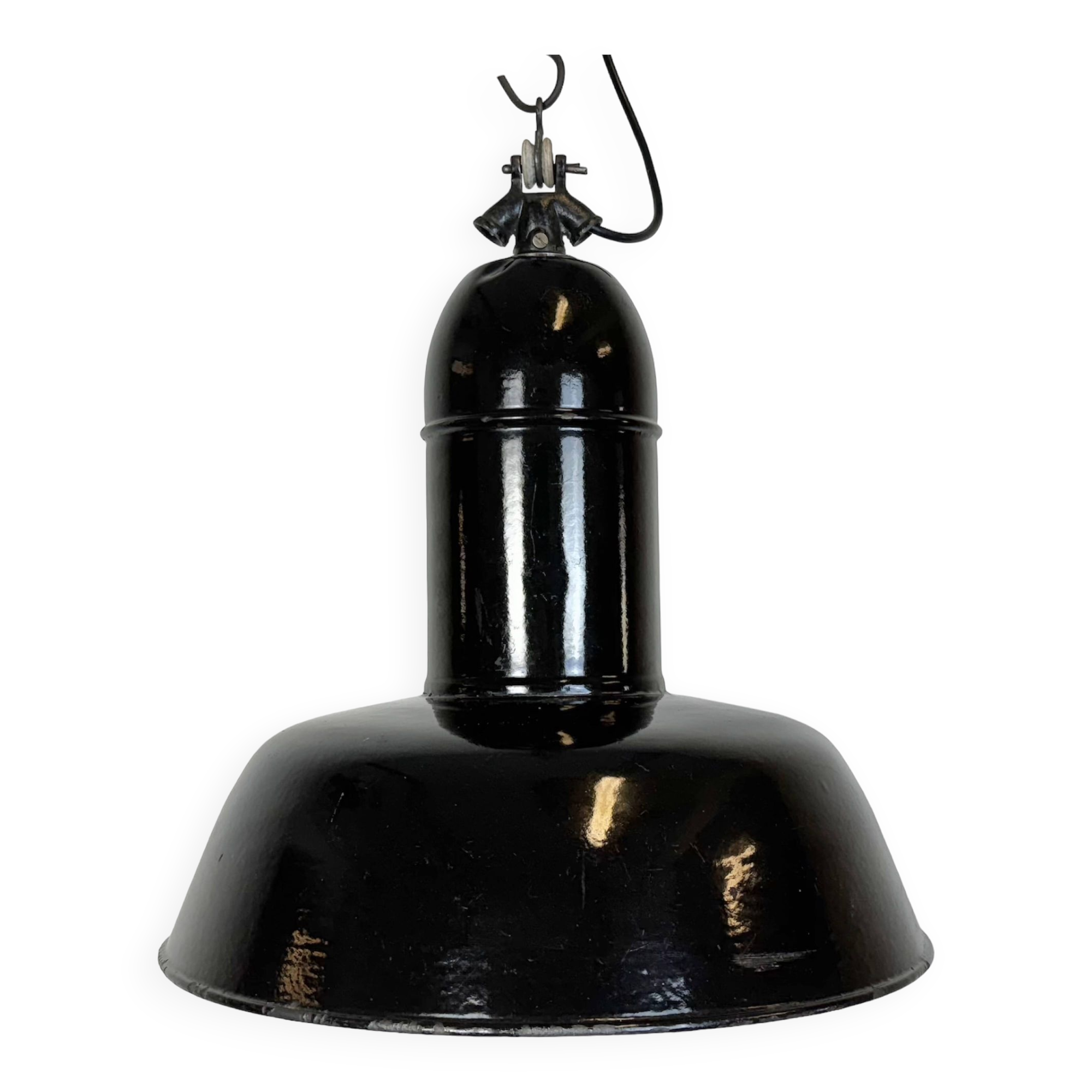 Industrial Black Enamel Factory Lamp with Cast Iron Top, 1930s