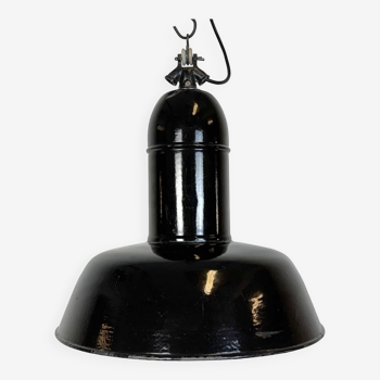 Industrial Black Enamel Factory Lamp with Cast Iron Top, 1930s