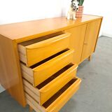 Fineer dressoir met lades en houten handgrepen vintage sideboard