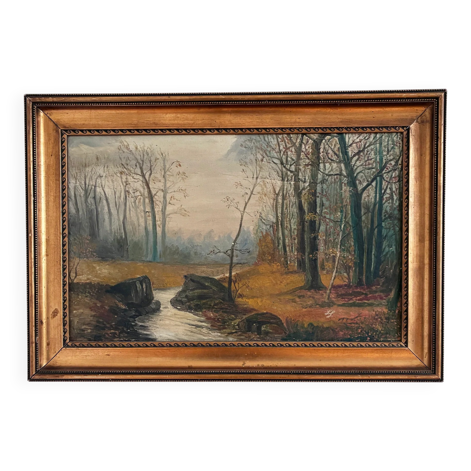 Antique original forest landscape oil painting c. 1910