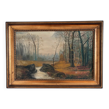 Antique original forest landscape oil painting c. 1910