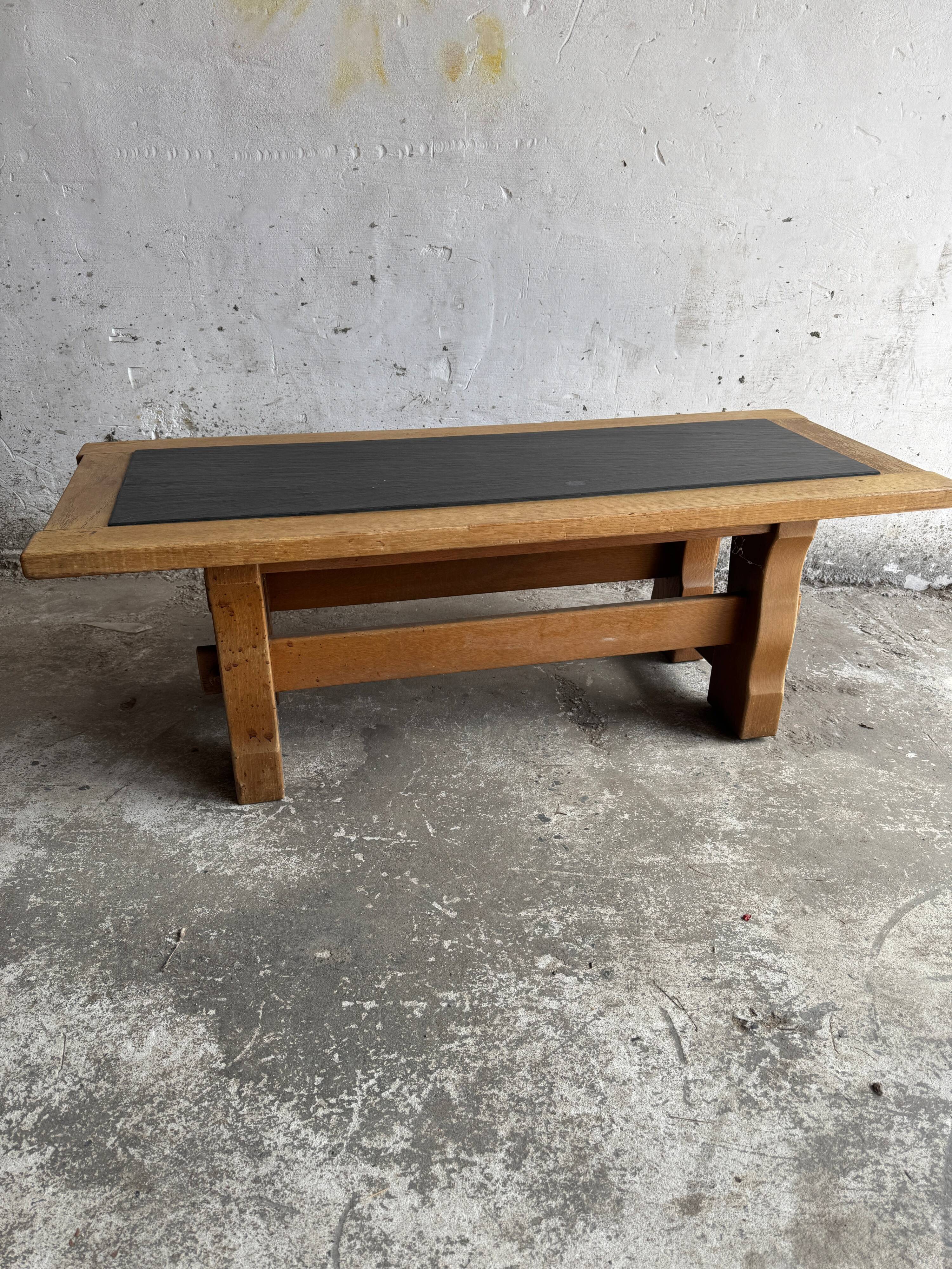 Vintage Oak Coffee Table with Belgian Blue Stone Top — Natural Oak & Dark Slate Grey, 1950s