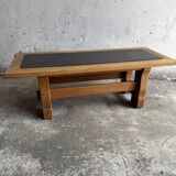 Vintage Oak Coffee Table with Belgian Blue Stone Top — Natural Oak & Dark Slate Grey, 1950s