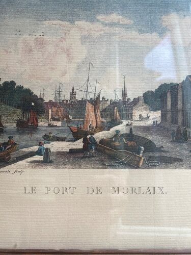 Gravure ancienne, vue du port de Morlaix , XX siècle