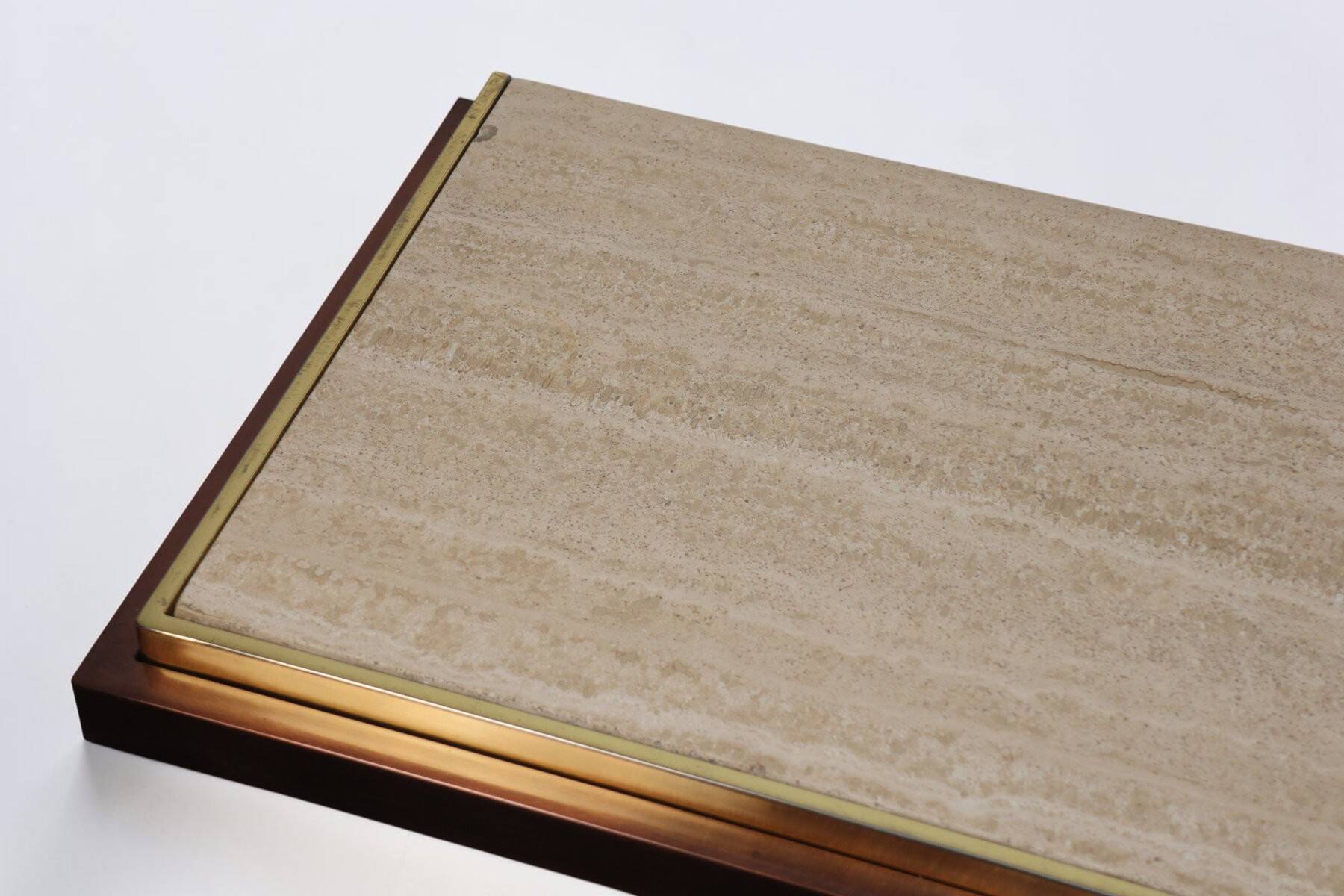 Minimalist console in travertine and patinated metal — 1970s