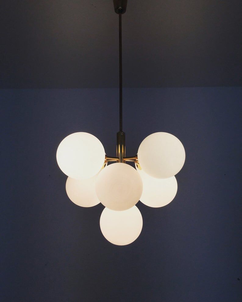 Brass and opaline glass Sputnik chandelier by Kaiser Leuchten