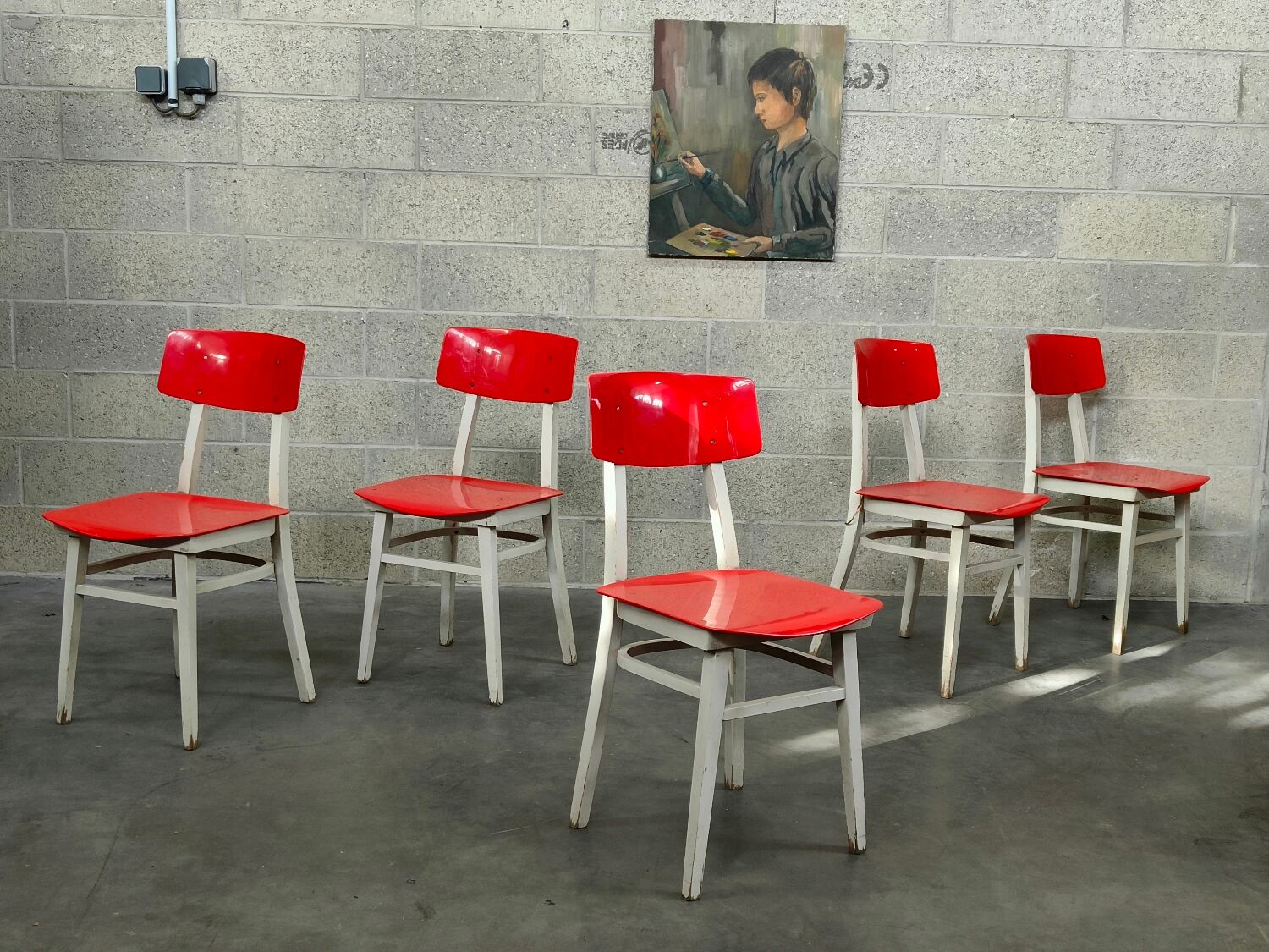 Set of 5 chairs TON Bystrice (Thonet) red and white 1960