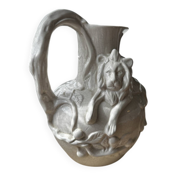 Rare: superb Art Nouveau pitcher/carafe, crackled ceramic signed T.