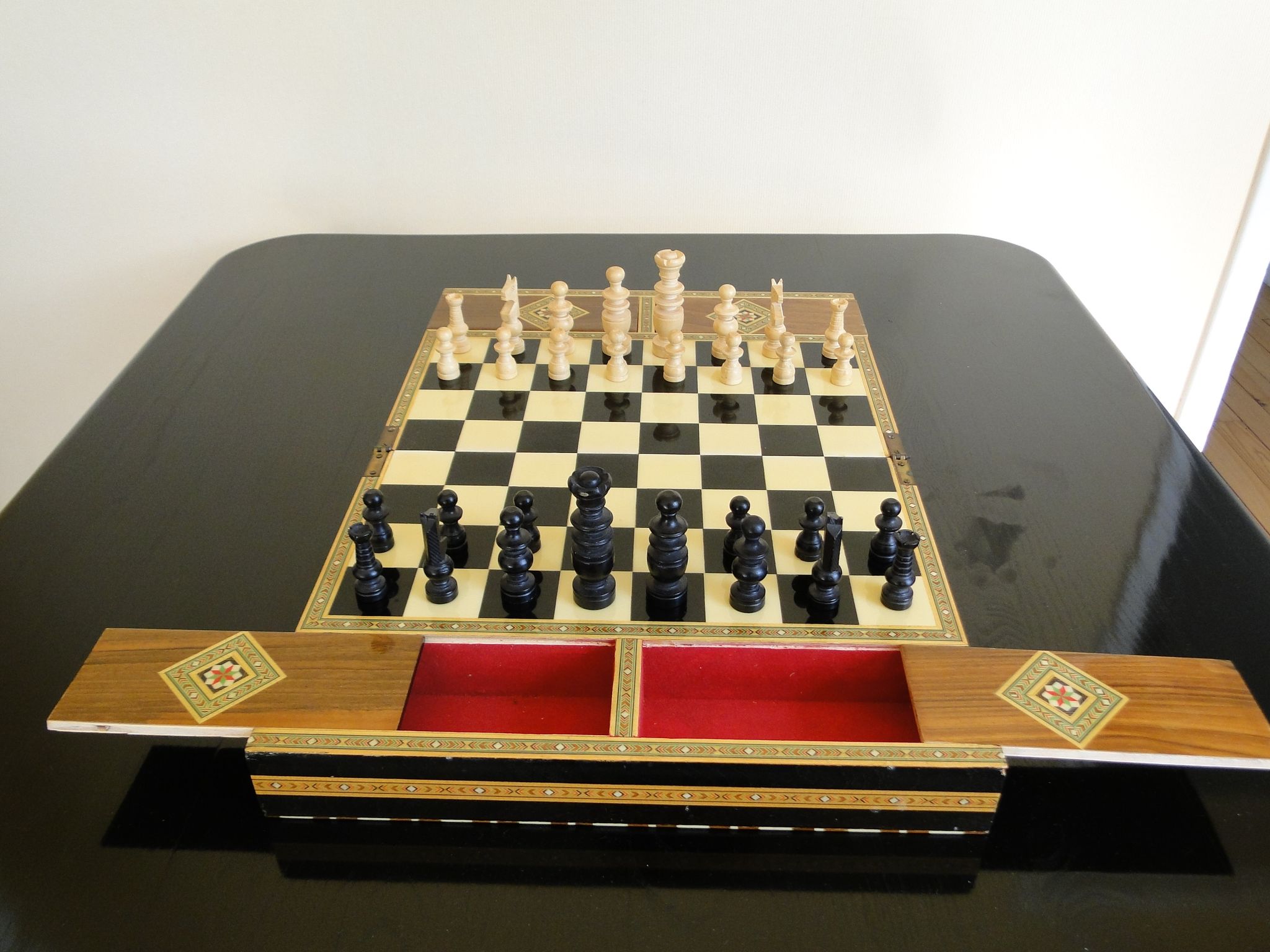Vintage syrian chess board box wooden mosaic inlaid marquetry