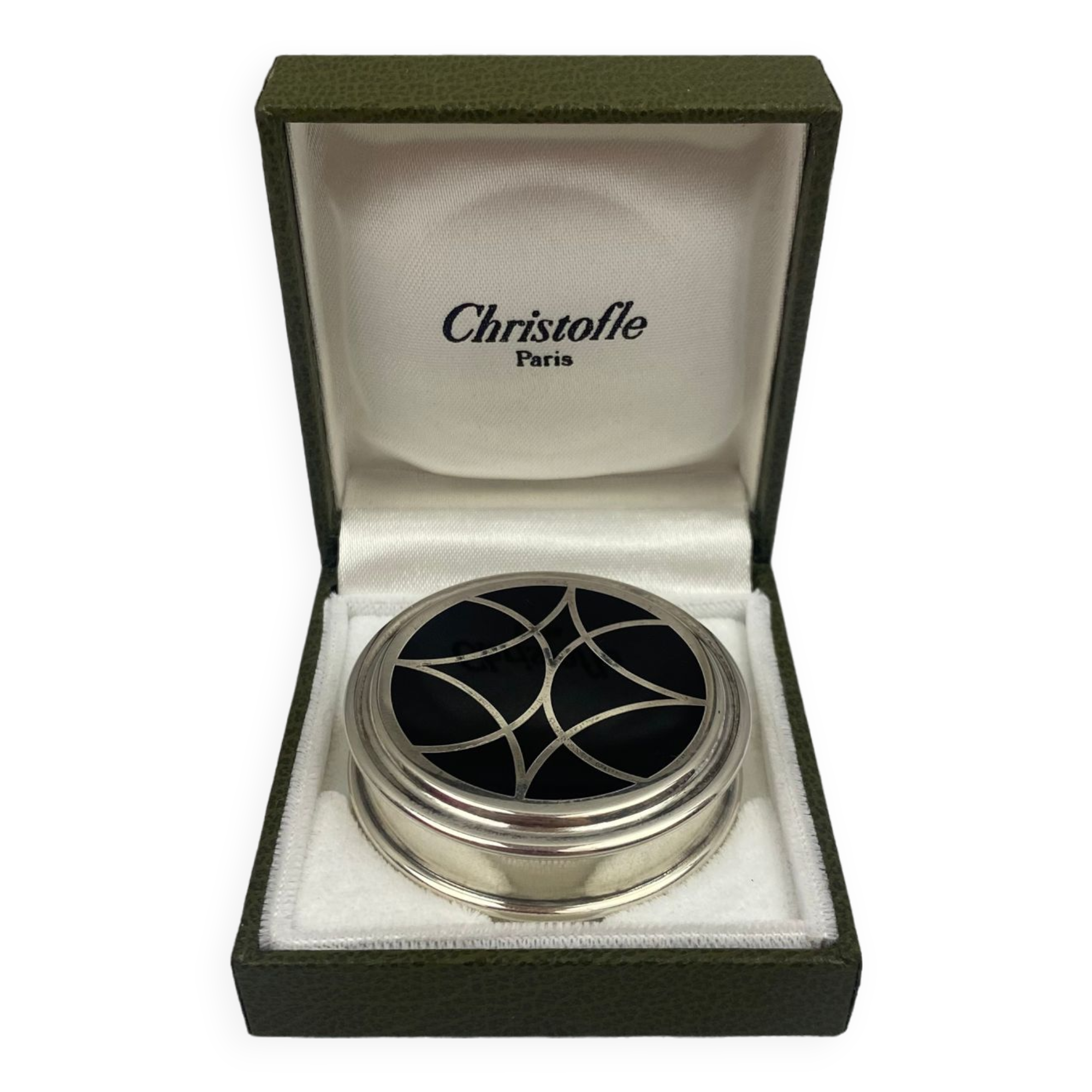 Christofle black talisman - pillbox powder box round lacquer box china silver metal tbe