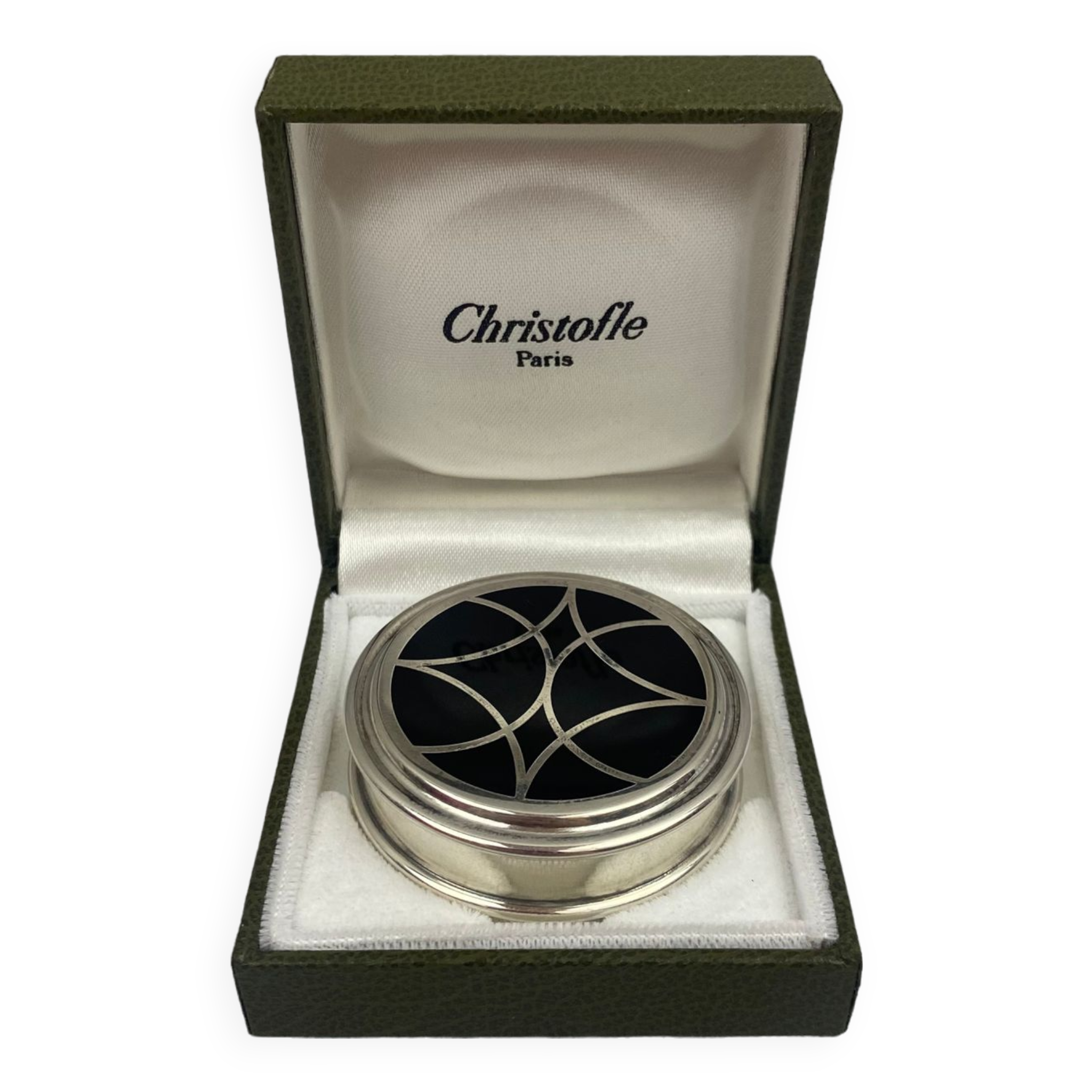 Christofle black talisman - pillbox powder box round lacquer box china silver metal tbe
