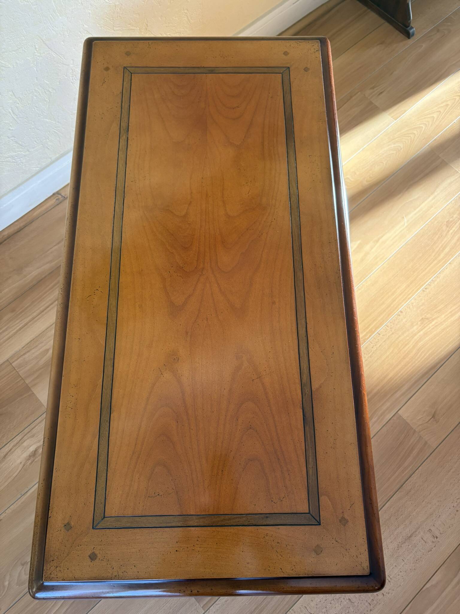 Vintage wooden coffee table with drawer and shelves