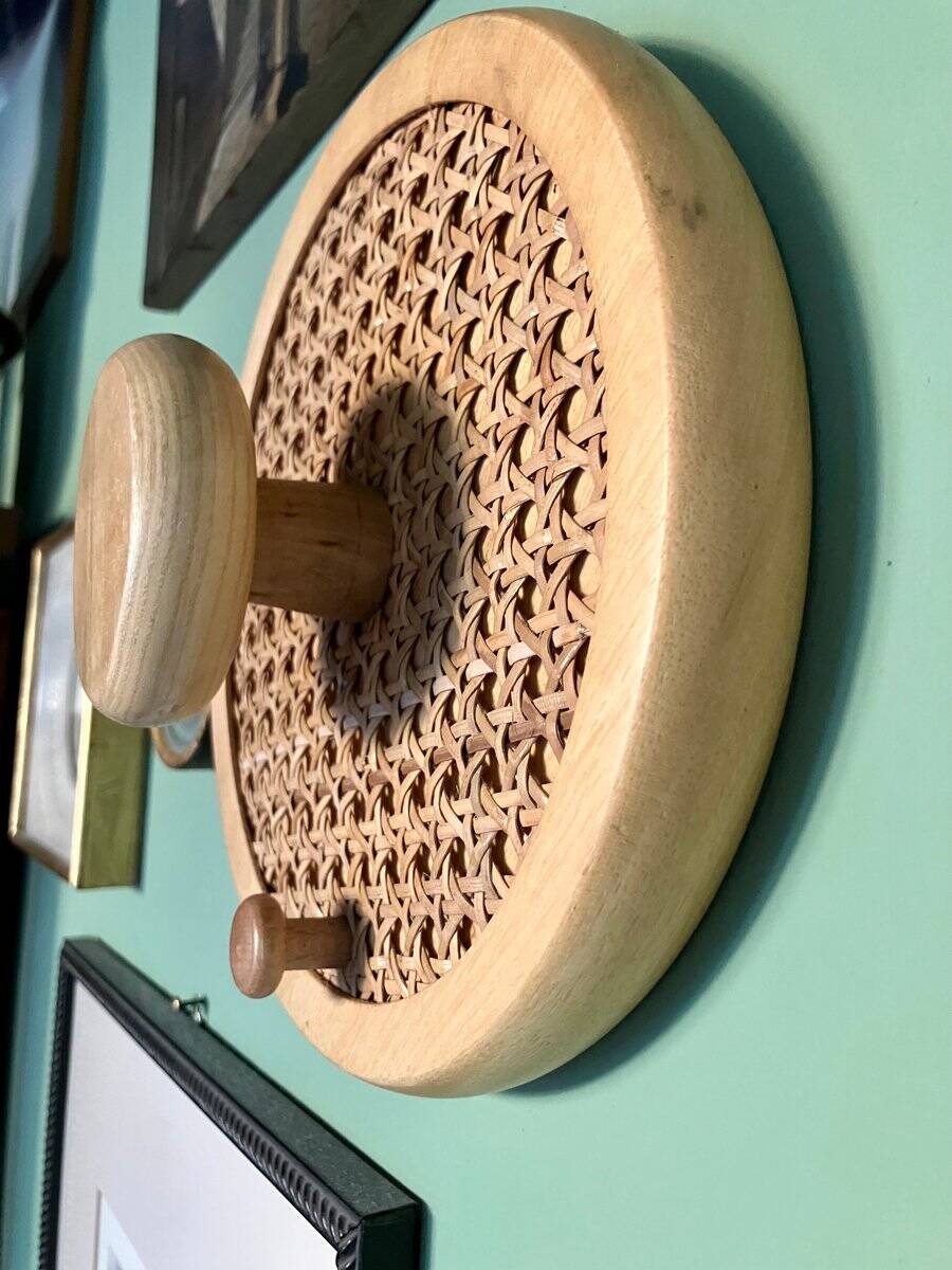 Coat Wall Hooks in Wood and Woven Cane, 1960s, Set of 2