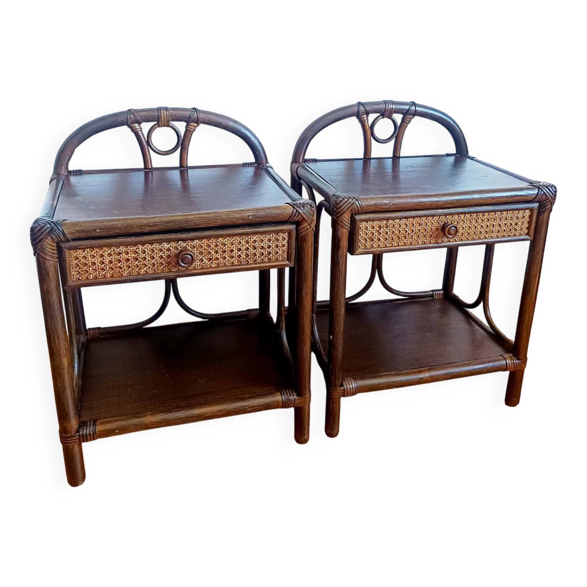 Pair of vintage 1960s rattan bedside tables
