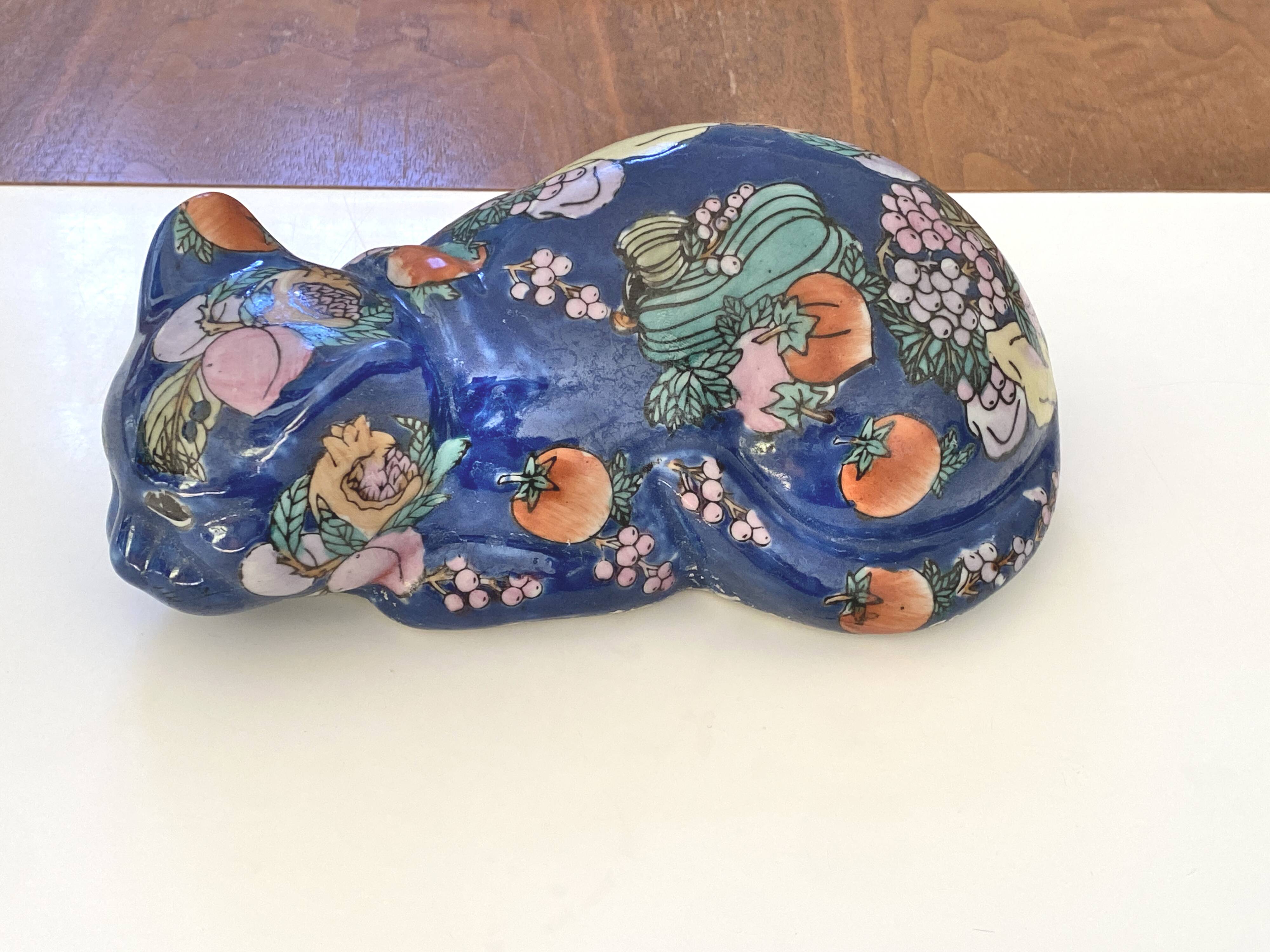 Vintage ceramic cat with fruit decoration