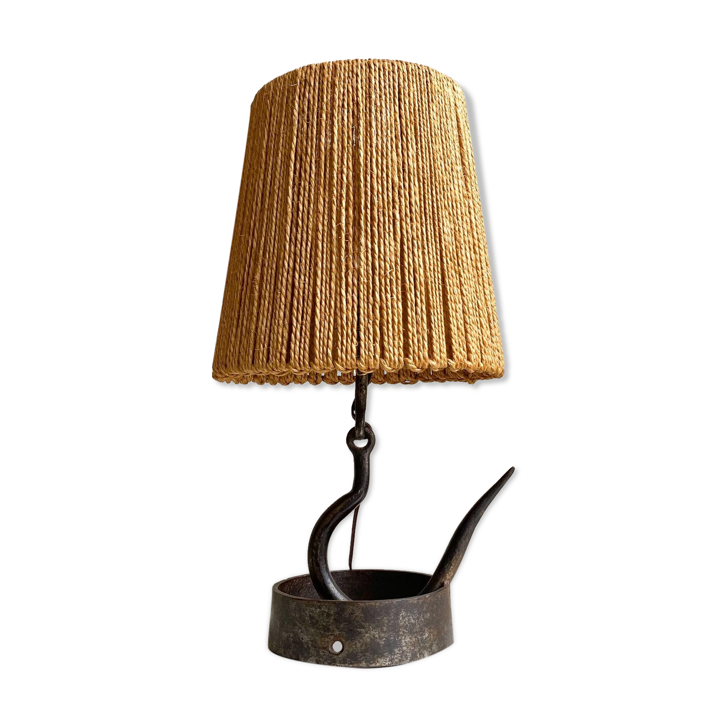 Wrought iron lamp with natural rope lampshade, vintage
