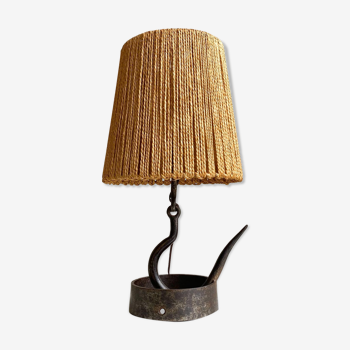 Lampe en fer forgé avec abat jour corde naturelle, vintage