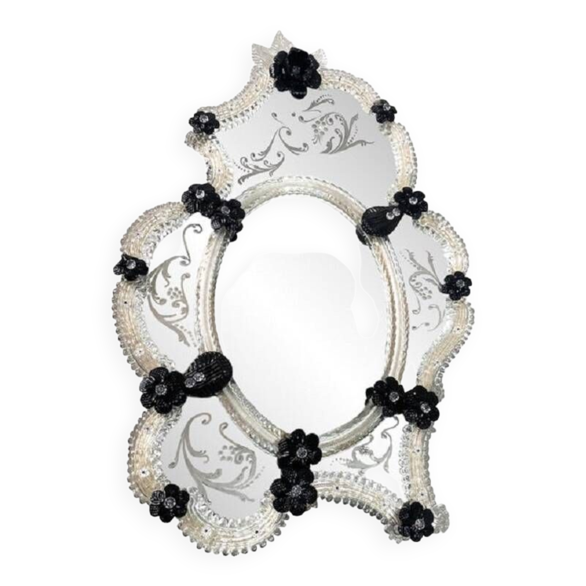 Venetian Black Floreal Hand-Carving Mirror in Murano Glass Style