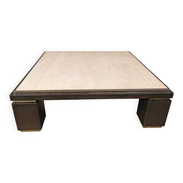 Table basse en cuivre et travertin par Belgochrom, années 1970