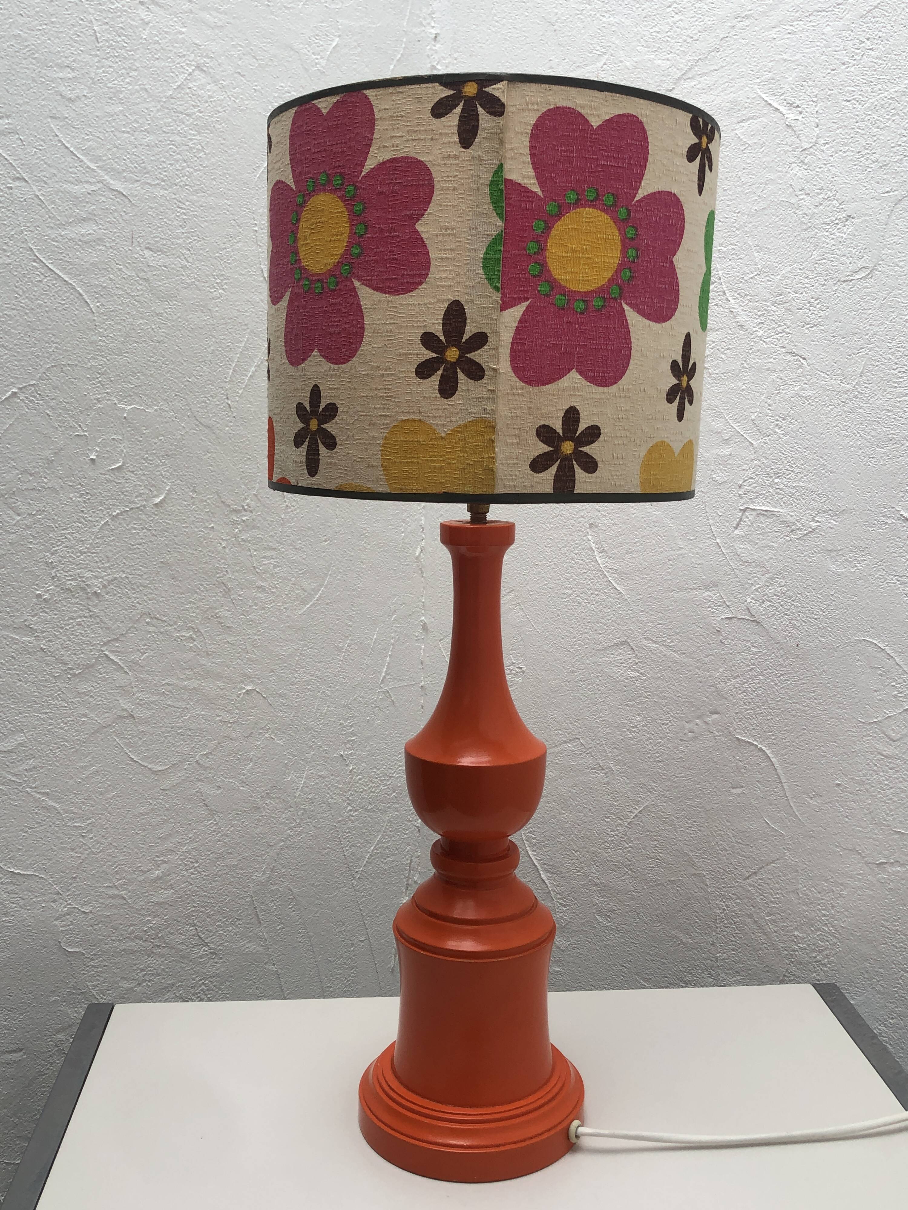 Orange lamp and lampshade floral pattern 1970s