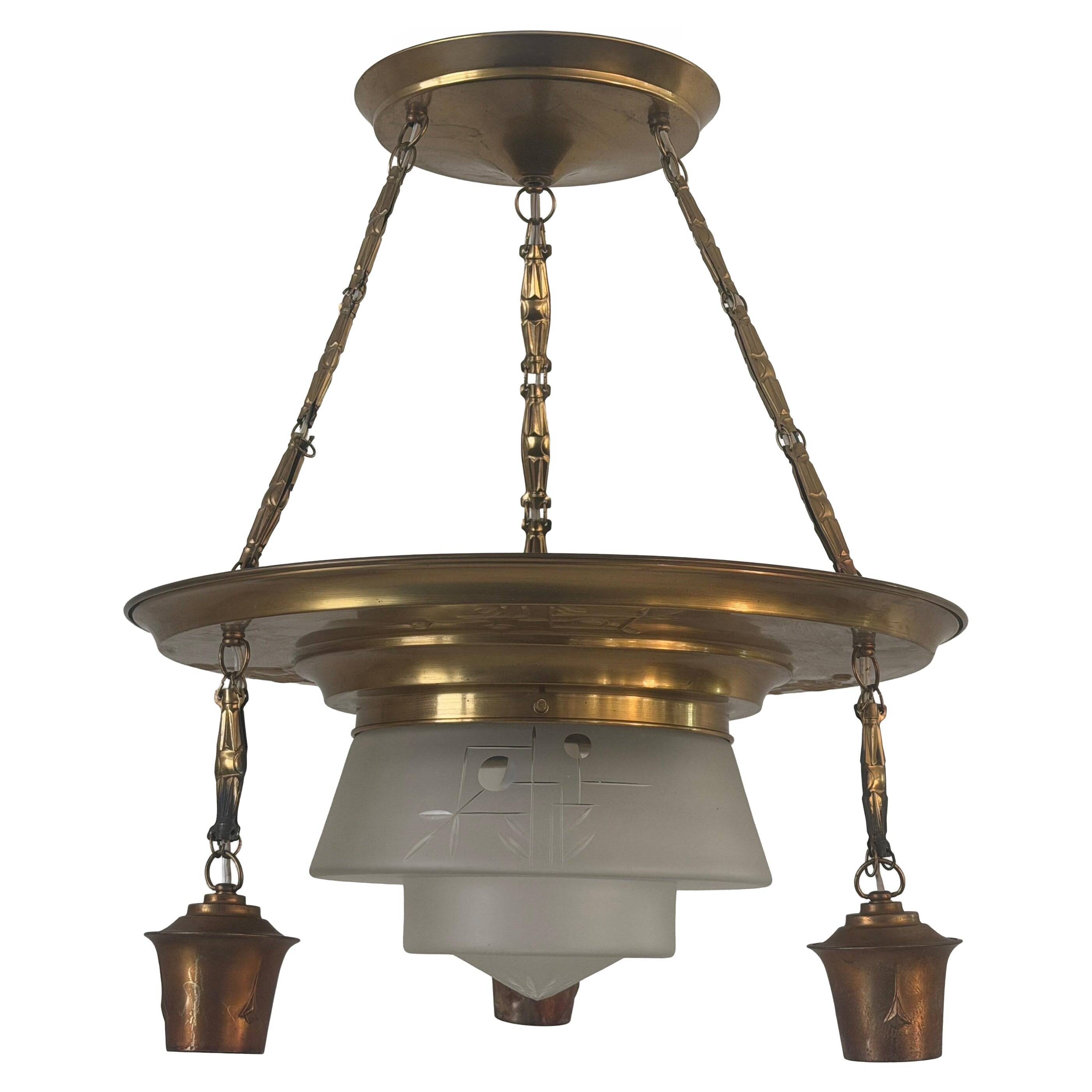 Art Deco ceiling light in copper and glass, 1940s, Germany