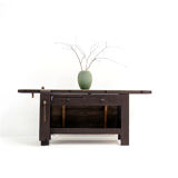 Brown painted workbench with shelf and drawers